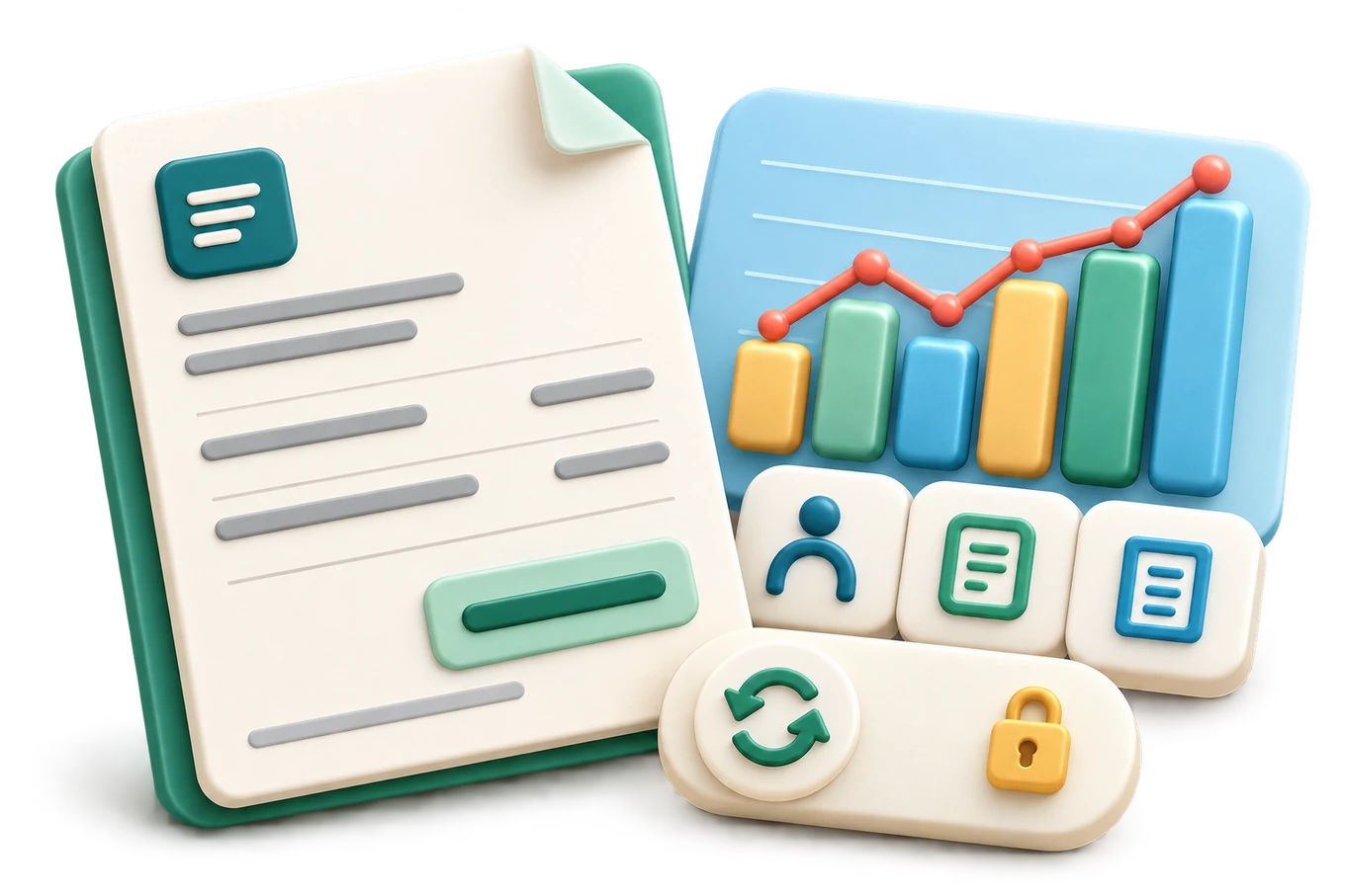 Illustration of invoices, business analytics, client, service and expense records, backup and app lock.