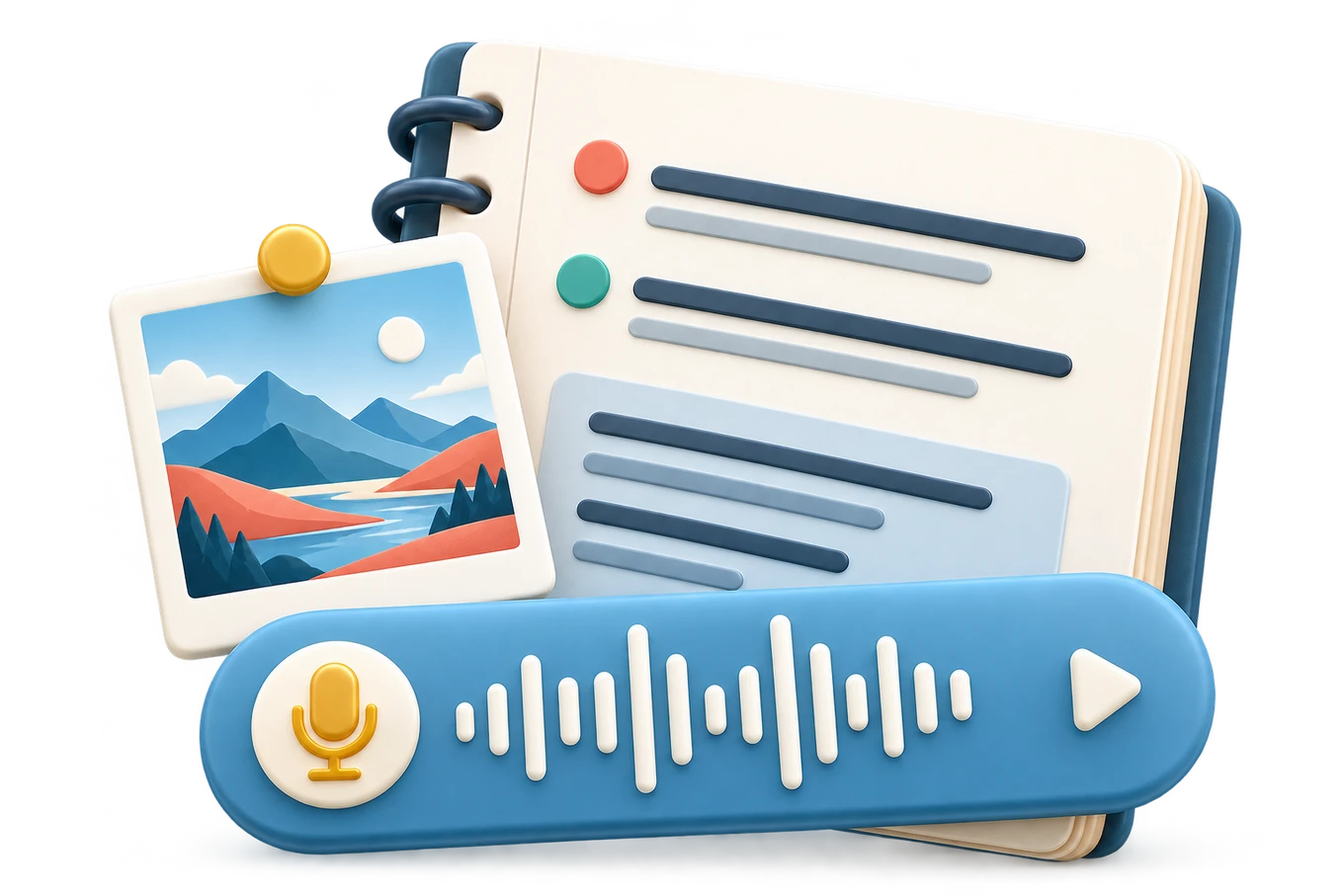 Illustration of a field report, photo and voice recording.