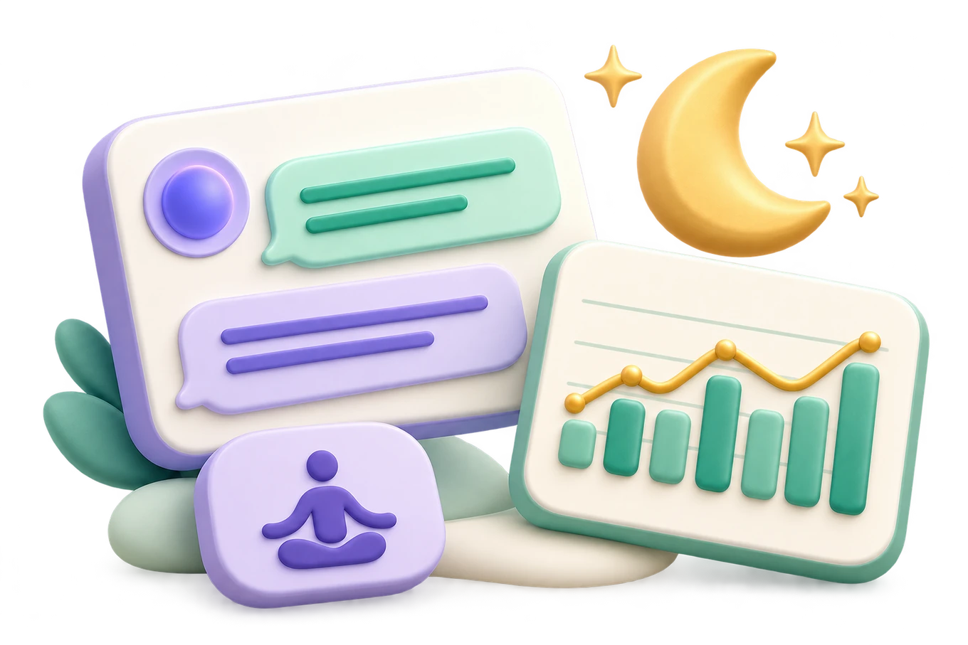 Illustration of an on-device AI assistant, personal trends and yoga.